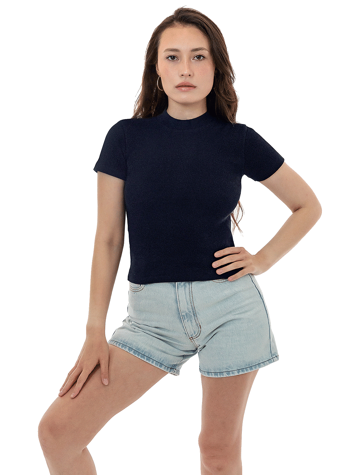 LA Apparel Rib Mock Neck Top in Navy