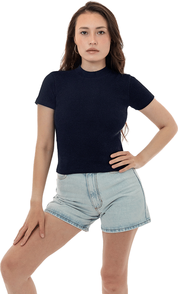 Am image of a Custom LA Apparel Rib Mock Neck Top in Navy!