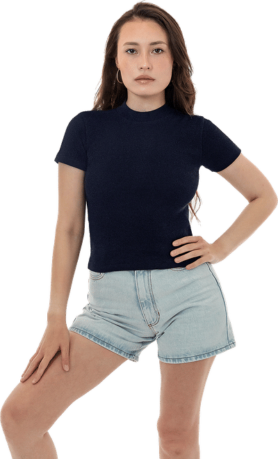 Am image of a Custom LA Apparel Rib Mock Neck Top in Navy!