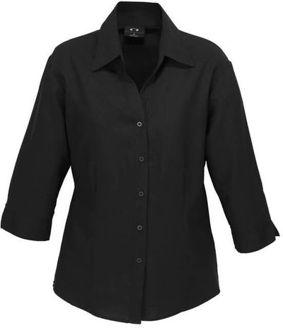 Am image of a Custom Biz Collection Ladies Plain Oasis 3 Quarters Sleeve Shirt in Black!