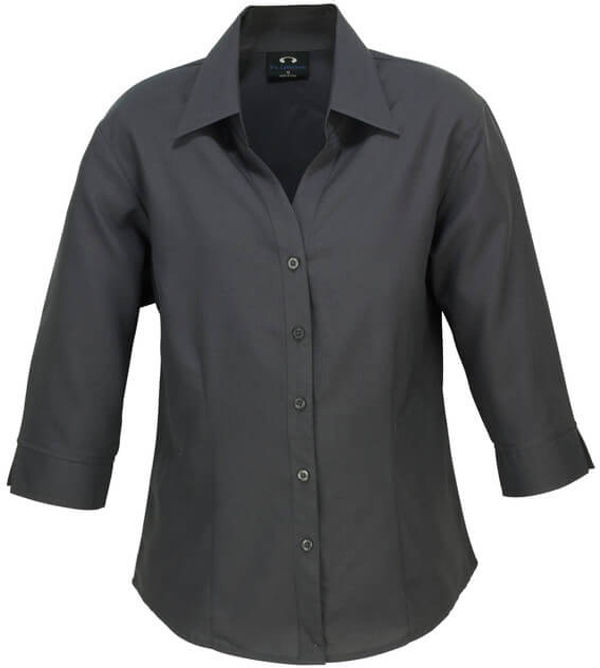 Am image of a Custom Biz Collection Ladies Plain Oasis 3 Quarters Sleeve Shirt in Charcoal!