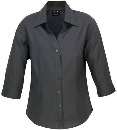 Am image of a Custom Biz Collection Ladies Plain Oasis 3 Quarters Sleeve Shirt in Charcoal!