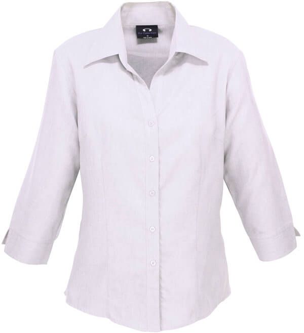 Am image of a Custom Biz Collection Ladies Plain Oasis 3 Quarters Sleeve Shirt in White!