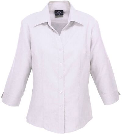 Am image of a Custom Biz Collection Ladies Plain Oasis 3 Quarters Sleeve Shirt in White!