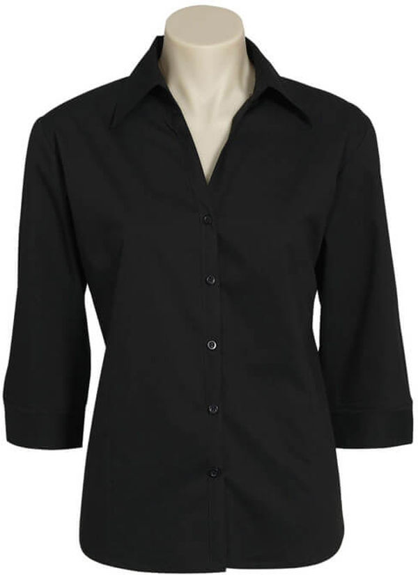 Am image of a Custom Biz Collection Ladies Metro 3 Quarters Sleeve Shirt in Black!