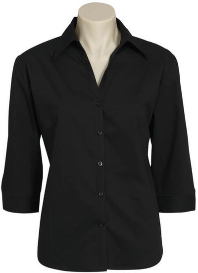 Am image of a Custom Biz Collection Ladies Metro 3 Quarters Sleeve Shirt in Black!