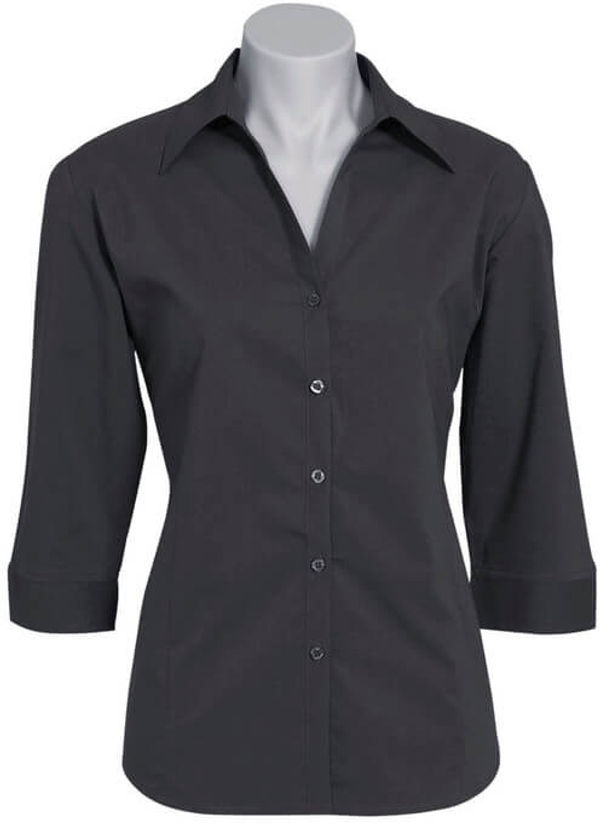 Am image of a Custom Biz Collection Ladies Metro 3 Quarters Sleeve Shirt in Charcoal!