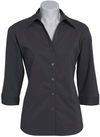 Am image of a Custom Biz Collection Ladies Metro 3 Quarters Sleeve Shirt in Charcoal!