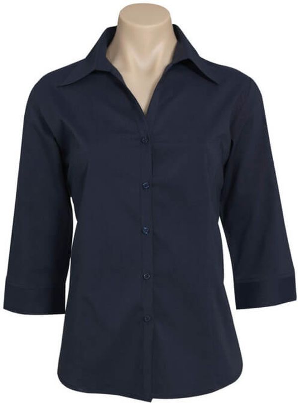Am image of a Custom Biz Collection Ladies Metro 3 Quarters Sleeve Shirt in Navy!