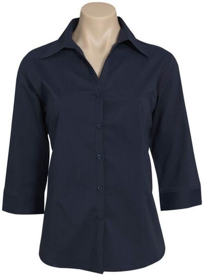 Am image of a Custom Biz Collection Ladies Metro 3 Quarters Sleeve Shirt in Navy!