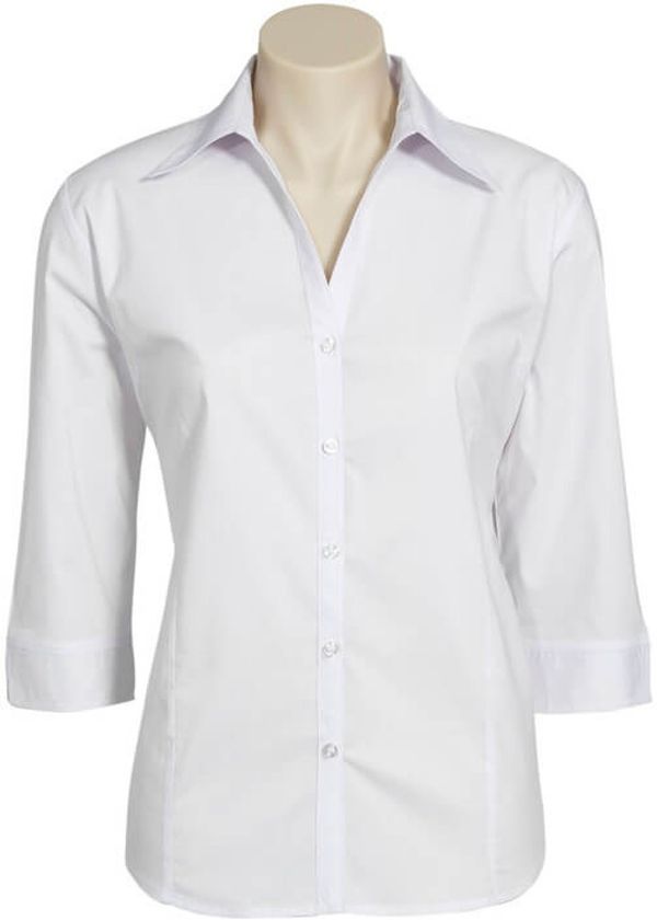 Am image of a Custom Biz Collection Ladies Metro 3 Quarters Sleeve Shirt in White!