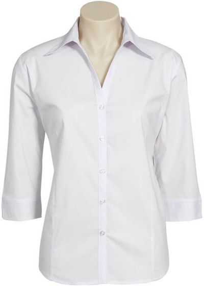 Am image of a Custom Biz Collection Ladies Metro 3 Quarters Sleeve Shirt in White!