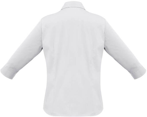 Am image of a Custom Biz Collection Ladies Metro 3 Quarters Sleeve Shirt in White!