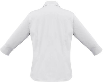 Am image of a Custom Biz Collection Ladies Metro 3 Quarters Sleeve Shirt in White!