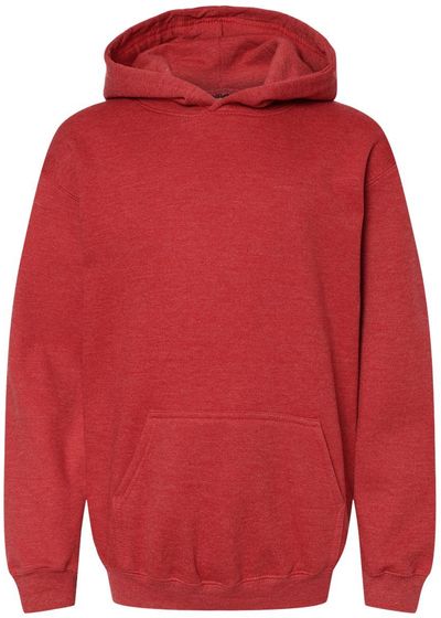 Am image of a Custom M and O Youth Fleece Pullover Hoodie in Heather Red!