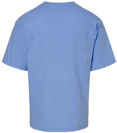 Am image of a Custom M and O Youth Deluxe Blend T Shirt in Heather Blue!