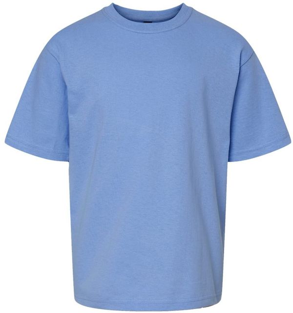 Am image of a Custom M and O Youth Deluxe Blend T Shirt in Heather Blue!