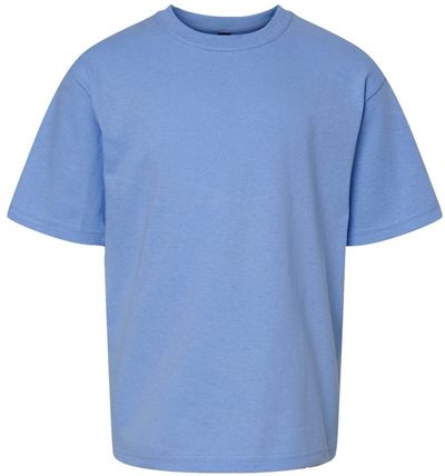 Am image of a Custom M and O Youth Deluxe Blend T Shirt in Heather Blue!