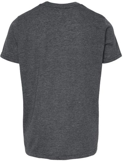 Am image of a Custom M and O Youth Deluxe Blend T Shirt in Heather Charcoal!