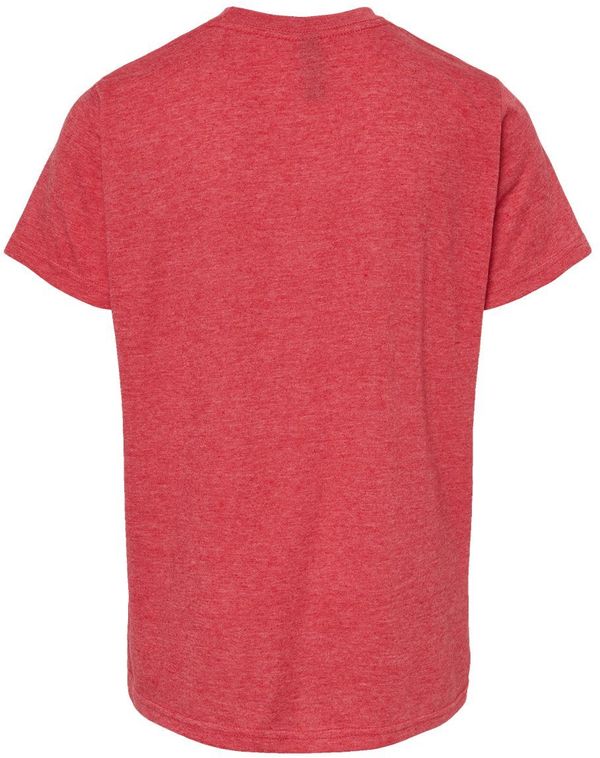 Am image of a Custom M and O Youth Deluxe Blend T Shirt in Heather Red!