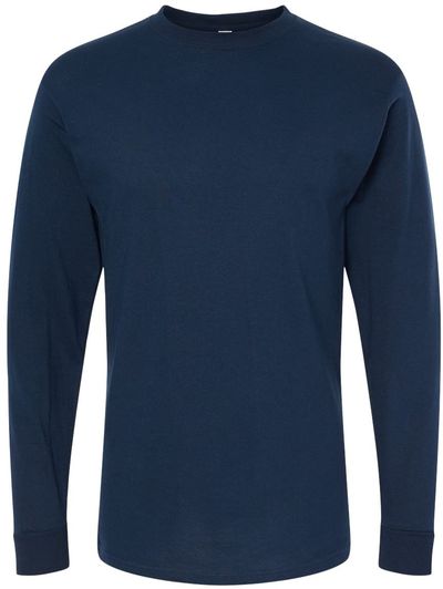 Am image of a Custom M&O Gold Soft Touch Long Sleeve T Shirt in Deep Navy!