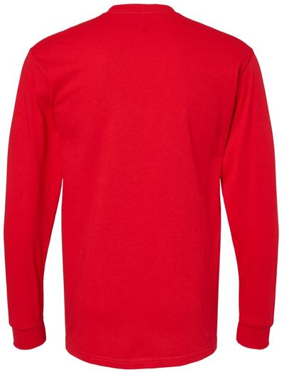 Am image of a Custom M&O Gold Soft Touch Long Sleeve T Shirt in Deep Red!