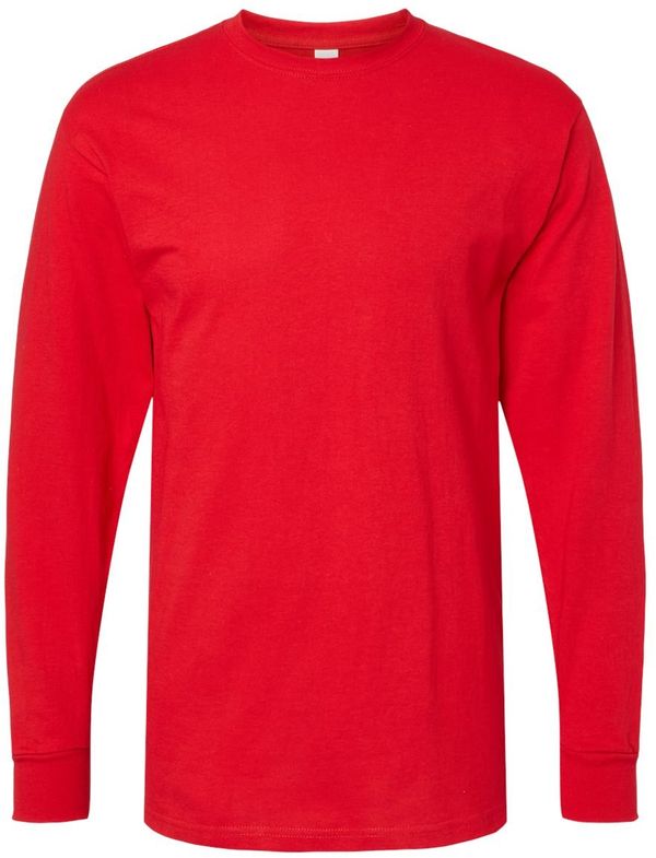 Am image of a Custom M&O Gold Soft Touch Long Sleeve T Shirt in Deep Red!