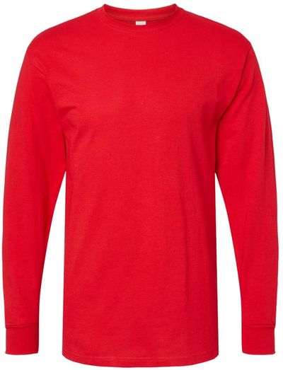 Am image of a Custom M&O Gold Soft Touch Long Sleeve T Shirt in Deep Red!