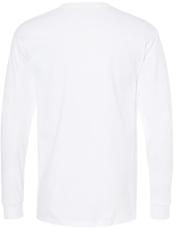 Am image of a Custom M&O Gold Soft Touch Long Sleeve T Shirt in White!