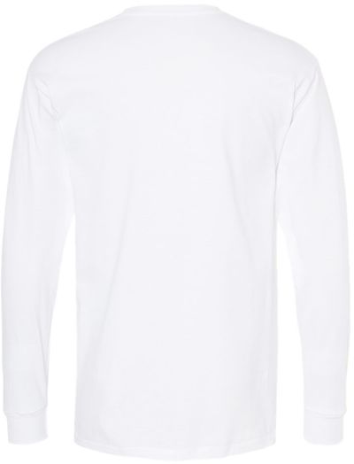 Am image of a Custom M&O Gold Soft Touch Long Sleeve T Shirt in White!