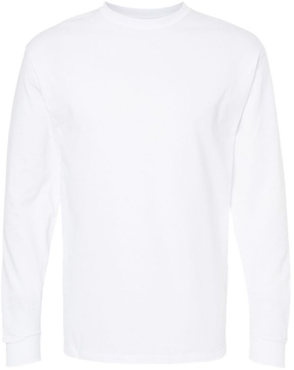 Am image of a Custom M&O Gold Soft Touch Long Sleeve T Shirt in White!