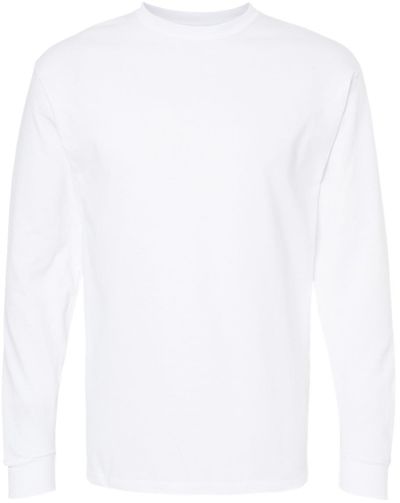 Am image of a Custom M&O Gold Soft Touch Long Sleeve T Shirt in White!