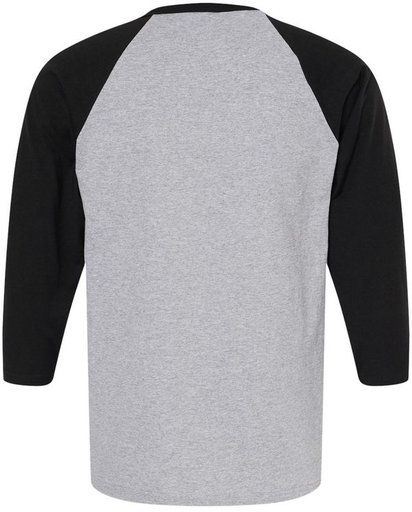 Am image of a Custom M&O Raglan Three Quarter Sleeve Baseball T Shirt in Sport Grey/Black!