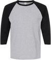 Am image of a Custom M&O Raglan Three Quarter Sleeve Baseball T Shirt in Sport Grey/Black!
