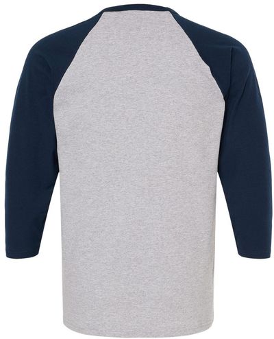Am image of a Custom M&O Raglan Three Quarter Sleeve Baseball T Shirt in Sport Grey/Navy!