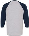 Am image of a Custom M&O Raglan Three Quarter Sleeve Baseball T Shirt in Sport Grey/Navy!
