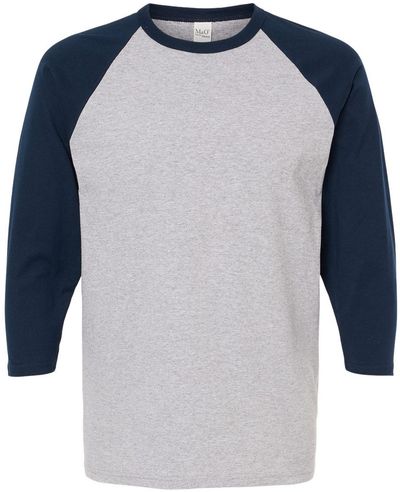Am image of a Custom M&O Raglan Three Quarter Sleeve Baseball T Shirt in Sport Grey/Navy!
