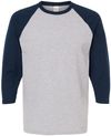 Am image of a Custom M&O Raglan Three Quarter Sleeve Baseball T Shirt in Sport Grey/Navy!