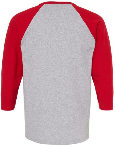 Am image of a Custom M&O Raglan Three Quarter Sleeve Baseball T Shirt in Sport Grey/Red!