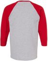 Am image of a Custom M&O Raglan Three Quarter Sleeve Baseball T Shirt in Sport Grey/Red!