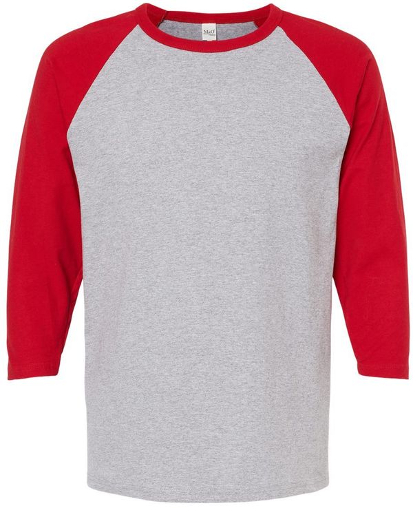 Am image of a Custom M&O Raglan Three Quarter Sleeve Baseball T Shirt in Sport Grey/Red!