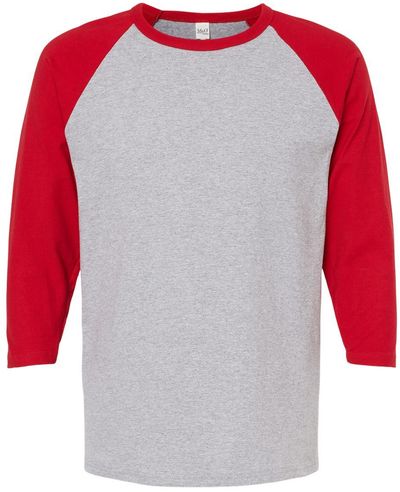 Am image of a Custom M&O Raglan Three Quarter Sleeve Baseball T Shirt in Sport Grey/Red!