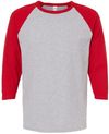 Am image of a Custom M&O Raglan Three Quarter Sleeve Baseball T Shirt in Sport Grey/Red!
