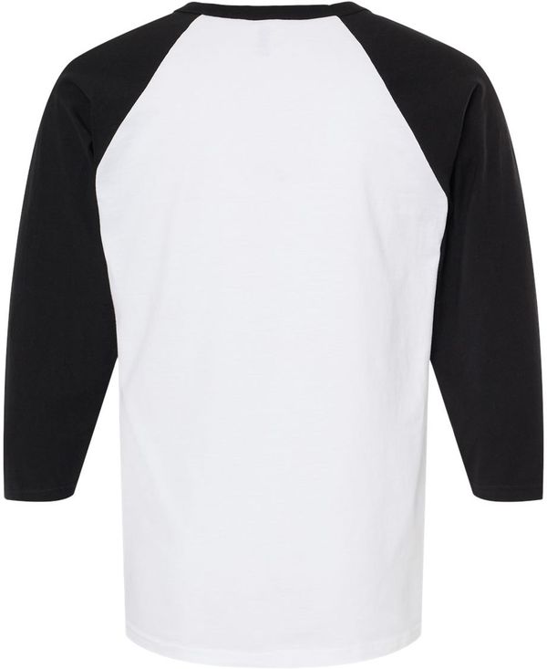 Am image of a Custom M&O Raglan Three Quarter Sleeve Baseball T Shirt in White/ Black!