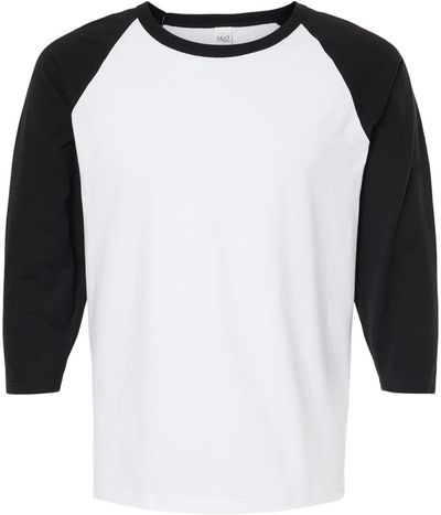 Am image of a Custom M&O Raglan Three Quarter Sleeve Baseball T Shirt in White/ Black!