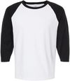 Am image of a Custom M&O Raglan Three Quarter Sleeve Baseball T Shirt in White/ Black!