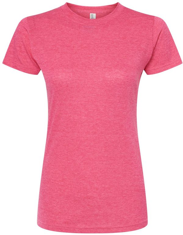 An image of a Custom M&O Womens Deluxe Blend T Shirt in Heather Fuchsia!
