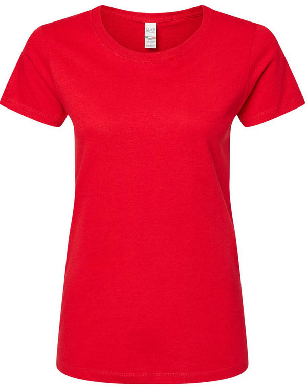 An image of a Custom M and O Womens Gold Soft Touch TShirt in Deep Red!