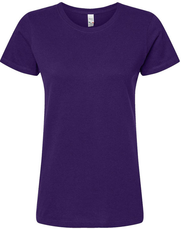 An image of a Custom M and O Womens Gold Soft Touch TShirt in Purple!