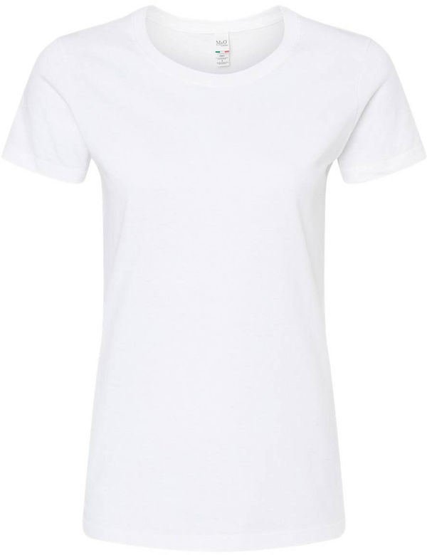 An image of a Custom M and O Womens Gold Soft Touch TShirt in White!